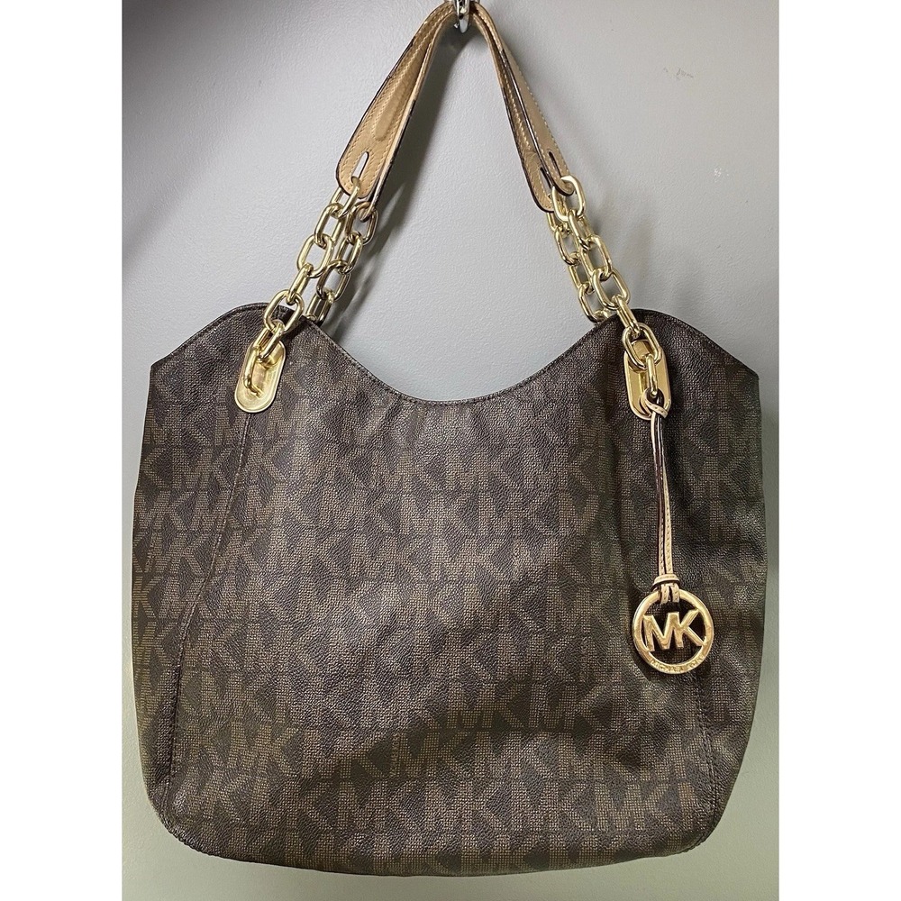 Michael Kors Jet Set Brown Signature Travel Shoulder Bag Tote Purse 13x16x4.5"